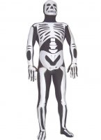 Cheap Black Shiny Metallic Unisex Zentai Suit with Skeleton Patt