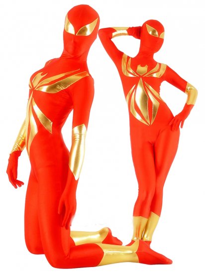 Cheap Red Lycra Spandex Unisex Zentai Suit with Gold Shiny Metal - Click Image to Close