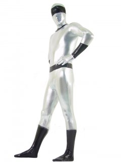 Cheap Silver & Black Shiny Metallic Unisex Zentai Suit