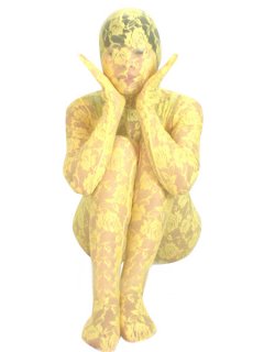 Cheap Yellow Transparent Lace Velvet Zentai Suit