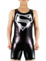 Cheap Sleeveless Short Black Superman Shiny Metallic Catsuit