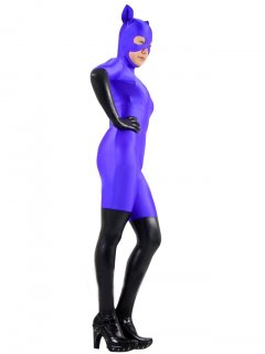 Cheap Purple Lycra Spandex Unisex Catsuit with PVC Gloves and St