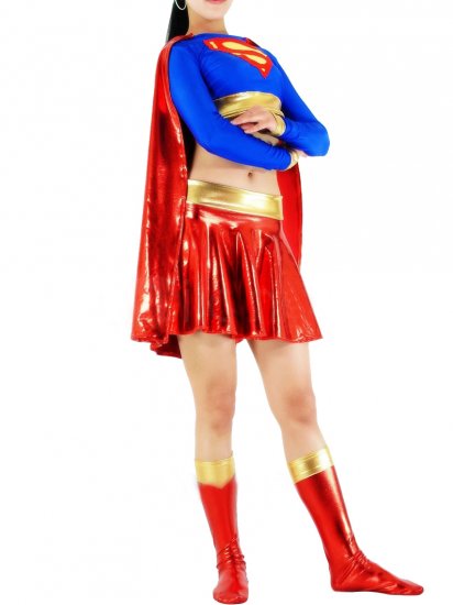 Cheap Shiny Metallic Supergirl Costume with Red Cape - Click Image to Close