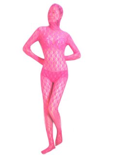 Cheap Pink Transparent Lace Velvet Zentai Suit