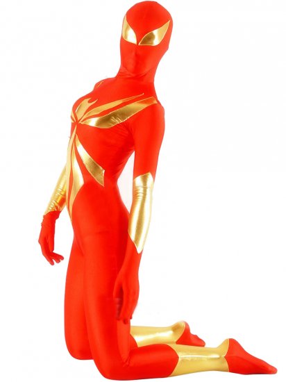Cheap Red Lycra Spandex Unisex Zentai Suit with Gold Shiny Metal - Click Image to Close