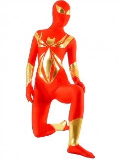 Cheap Red Lycra Spandex Unisex Zentai Suit with Gold Shiny Metal