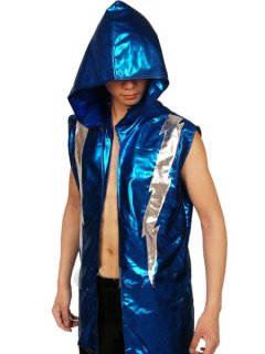 Cheap Blue Silver Hood Shiny Metalic Catsuit Costume