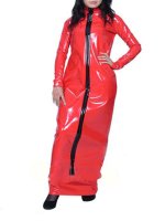 Cheap Red Long Sleeves Front Zipper Shiny Metallic Dress