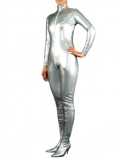 Cheap Silver PVC Front Open Unisex Catsuit