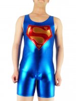 Cheap Sleeveless Blue Short Superman Shiny Metallic Catsuit