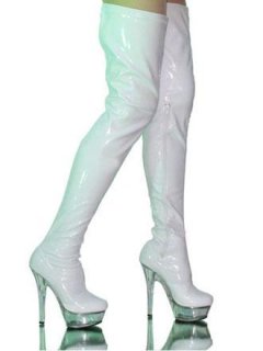 Cheap White 59/10'' High Heel Thigh High Patent Leather Sexy Boo