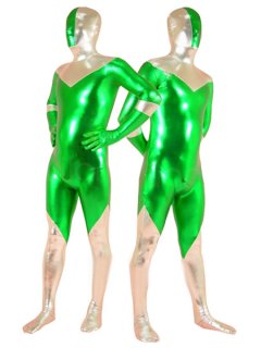 Cheap Silver & Green Shiny Metallic Unisex Zentai Suit