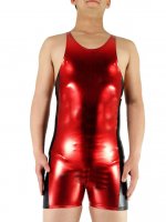 Cheap Sleeveless Red & Black Shiny Metallic Short Catsuit