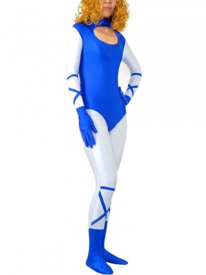 Cheap Blue with White Hollow Chest Lycra Spandex Unisex Zentai S - Click Image to Close