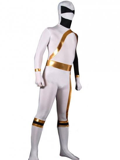 Cheap Black and White Lycra Spandex Unisex Zentai Suit with Gold - Click Image to Close