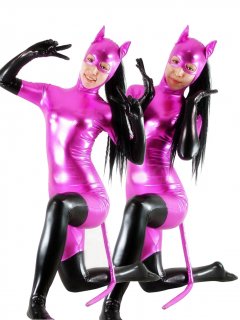 Cheap Purple Cat Woman Shiny Metallic Catsuit with Black Gloves