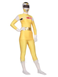 Cheap Yellow And White Halloween Shiny Metallic Lycra Super Hero