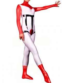 Cheap Shiny Metallic White with Red Unisex Catsuit