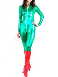 Cheap Green Shiny Metallic Front Open Unisex Catsuit