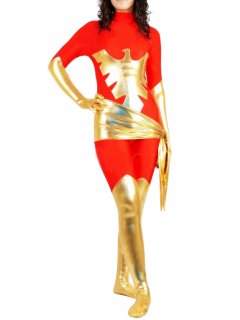 Cheap Red Lycra Spandex Unisex Catsuit with Gold Shiny Metallic