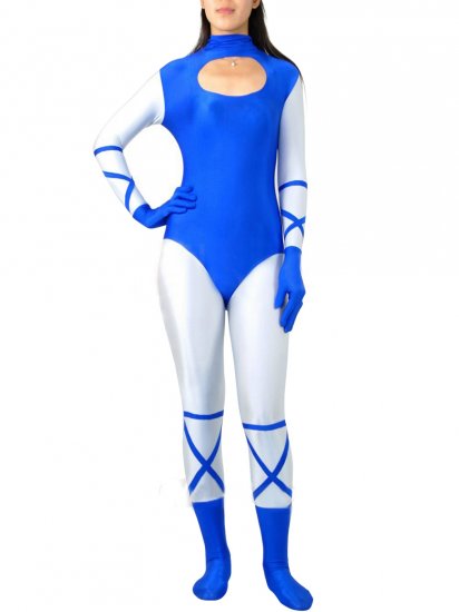 Cheap Blue with White Hollow Chest Lycra Spandex Unisex Zentai S - Click Image to Close