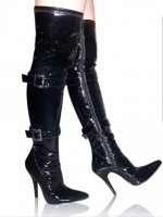 Cheap 4 7/10'' High Heel Black Buckles Thigh High Patent PU Sexy