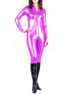 Cheap Purple Shiny Metallic Front Open Unisex Catsuit