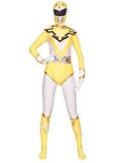 Cheap Yellow And White Shiny Metallic Lycra Super Hero Zentai Su