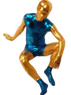 Cheap Blue And Gold Halloween Shiny Metallic Zentai Suit