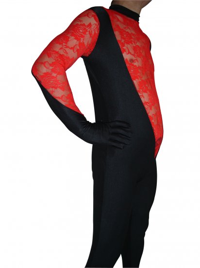 Cheap Black And Red Lycra Lace Zentai Catsuits - Click Image to Close