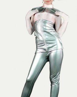 Cheap Silver PVC Front Open Catsuit