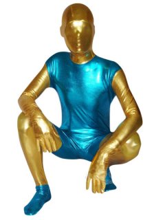 Cheap Blue And Yellow Unisex Shiny Metallic Zentai Suit