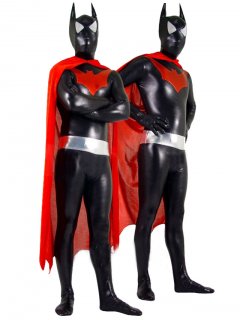 Cheap Shiny Metallic Batman Costume With Red Pattern and Cape