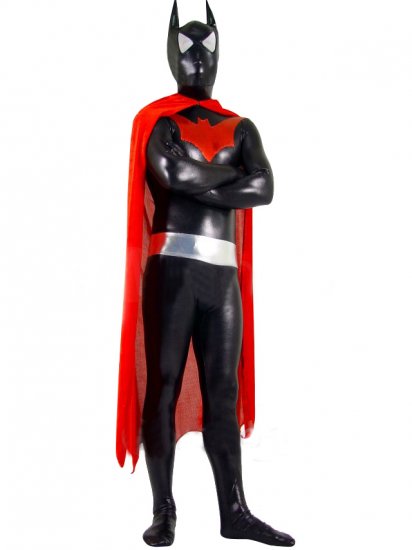 Cheap Shiny Metallic Batman Costume With Red Pattern and Cape - Click Image to Close