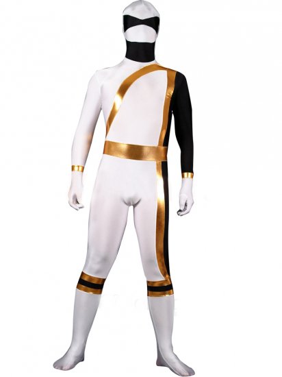 Cheap Black and White Lycra Spandex Unisex Zentai Suit with Gold - Click Image to Close