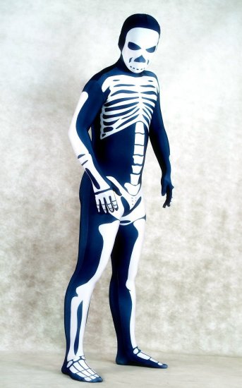 Cheap Black Shiny Metallic Unisex Zentai Suit with Skeleton Patt - Click Image to Close