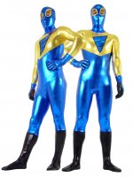Cheap Yellow & Blue Shiny Metallic Unisex Zentai Suit