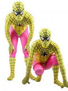 Cheap Full Body Lycra Spandex Yellow with Pink Spiderman Costume