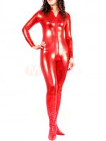 Cheap Red Shiny Metallic Front Open Unisex Catsuit