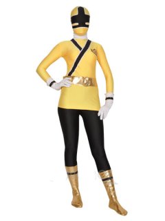 Cheap Yellow And Black Shiny Metallic Lycra Super Hero Zentai Su