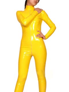 Cheap Yellow Halloween Front Zipper Closure PVC Catsuit