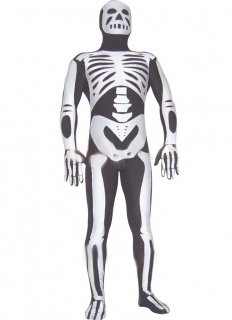 Cheap Black Shiny Metallic Unisex Zentai Suit with Skeleton Patt