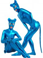 Cheap Shiny Metallic Blue Cat Unisex Catsuit