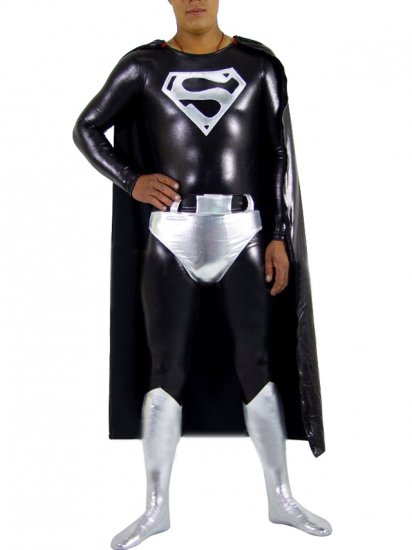 Cheap Shiny Metallic Black Superman Costume with Silver Pattern - Click Image to Close