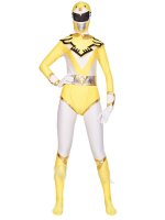 Cheap Yellow And White Shiny Metallic Lycra Super Hero Zentai Su