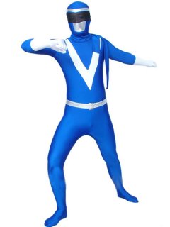 Cheap Blue And White Lycra Shiny Metallic Super Hero Zentai Suit