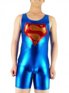 Cheap Sleeveless Blue Short Superman Shiny Metallic Catsuit