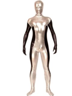 Cheap Silver Black Halloween Shiny Metallic Zentai Suit