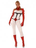 Cheap White Red And Black PVC Shiny Metallic Super Hero Costume