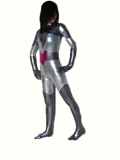 Cheap Silver with Gray Shinny Metallic Super Hero Catsuit - Click Image to Close
